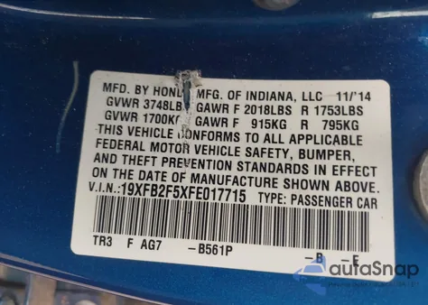 2015 Honda Civic Lx z USA, uszkodzony, nr VIN 19XFB2F5XFE017715